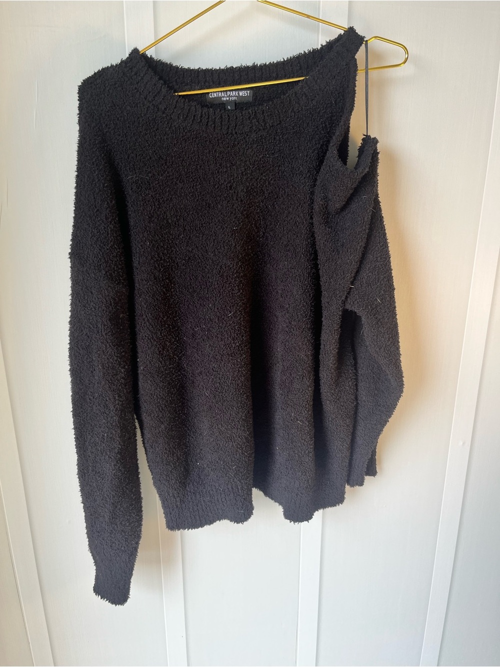 Central Park West Black New York Plush Crewneck Asymmetrical Shoulder Sweater